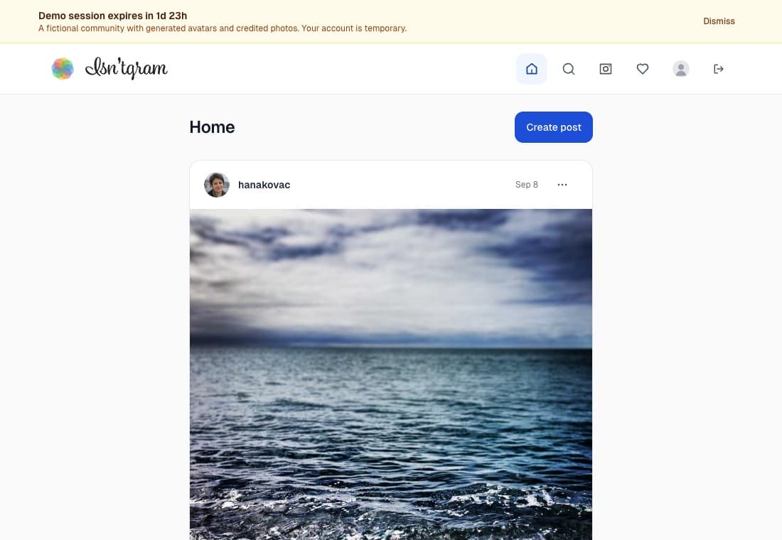 Isntgram photo feed with posts from a fictional demo community